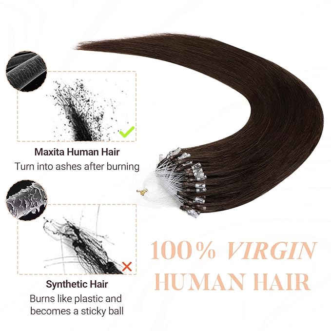 MAXITA Microlink Hair Extensions Human Hair, Chocolate Brown Micro Bead Hair Extensions Virgin Human Hair, 50g/50 Strands/Pack, 22 In