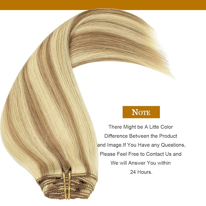 Loxxy 20 Inch Seamless Clip in Hair Extensions Light Brown Highlighted Platinum Blonde Straight Lace Double Weft 100% Remy Hair Extension Clip On Brazilian Human Hair for Women 7pcs 140g Full Head