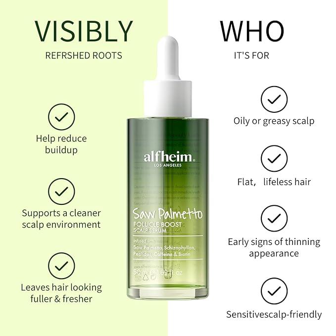 ALFHEIM Saw Palmetto Scalp Serum for Boost Follicle - Infused With Caffeine, Biotin for Thicker Hair - Balance Scalp, Rejuvenate Hair Follicles & Improve Hair Density - 1.69 fl oz + Serum Applicator