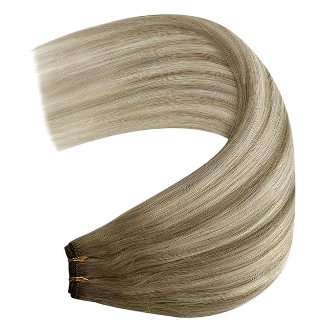 YoungSee Sew in Hair Extensions Balayage Brown Weft Hair Extensions Human Hair Medium Brown Fading to Brown Mix Platinum Soft Sew in Hair Extensions Real Human Hair Hair Loss Coverage 100G 16Inch