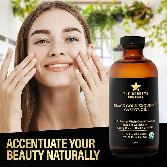 The Goodbye Company Black & Gold Castor Oil Blend – USDA Organic, Cold-Pressed & Unrefined – Pure Hexane-Free Oil for Hair, Skin, Body, Eyelashes & Eyebrows