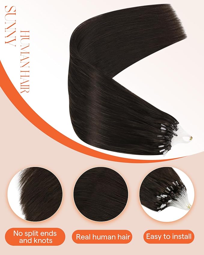 Sunny Hair Long Micro Bead Hair Extensions 24in Micro Loop Hair Extensions Real Human Hair Dark Brown Fusion Hair Extensions Highlight Personality Micro Link Hair Extensions Human Hair for Women 50G