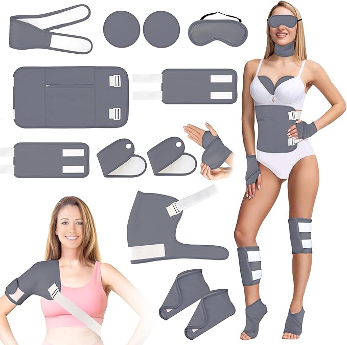12 Pcs Castor Oil Pack Wrap-Grey, Castor Oil Pack Organic Cotton for Knees Shoulder Hands Neck Waist Chest and Feet, Adjustable Compress Pads for Entire Body
