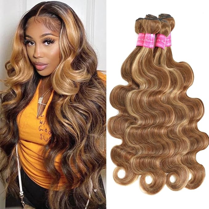 YISEA Ombre P4/27 Body Wave Bundles Human Hair (22 24 26 28 inch) 12A Highlight Dark Brown with Honey Blonde Mix Human Hair Body Wave Bundles Sew-In for Black Women Silky and Soft