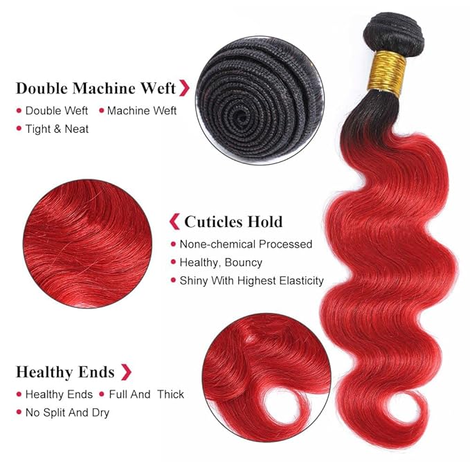 Red Bundles Human Hair 1B/Red Body Wave Bundles 20 22 24 inch Two Tone Brazilian Virgin Remy Hair Extensions Soft and Silky For Women