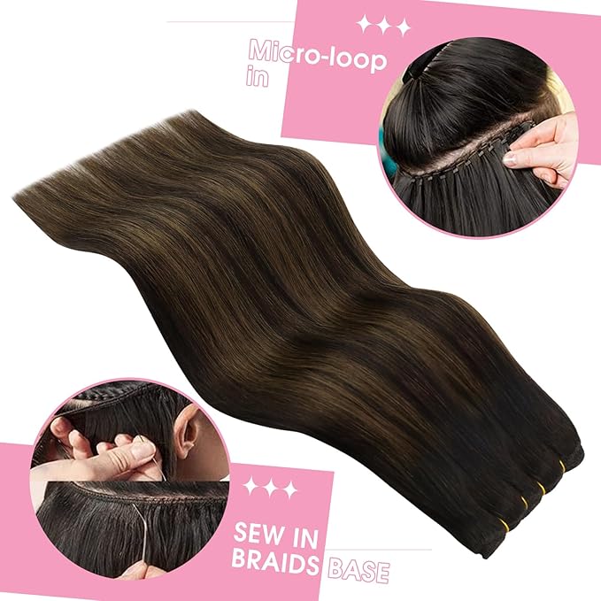 YoungSee Sew in Hair Extensions Brown Balayage Weft Human Hair Extensions Balayage Darkest Brown Mixed with Light Brown Human Hair Weft Extensions Balayage Reduces Combing and Pulling 16Inch 100G