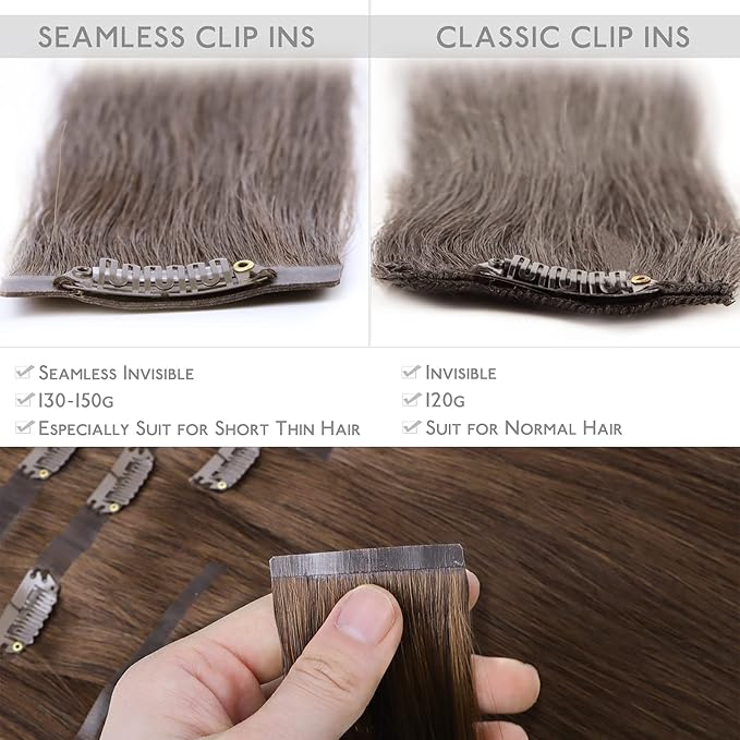 WENNALIFE Seamless Clip In Hair Extensions Human Hair, 24 Inch 160g 7pcs Chocolate Brown Hair Extensions Clip in Human Hair Invisible PU Skin Weft Natural Remy Human Hair Extensions