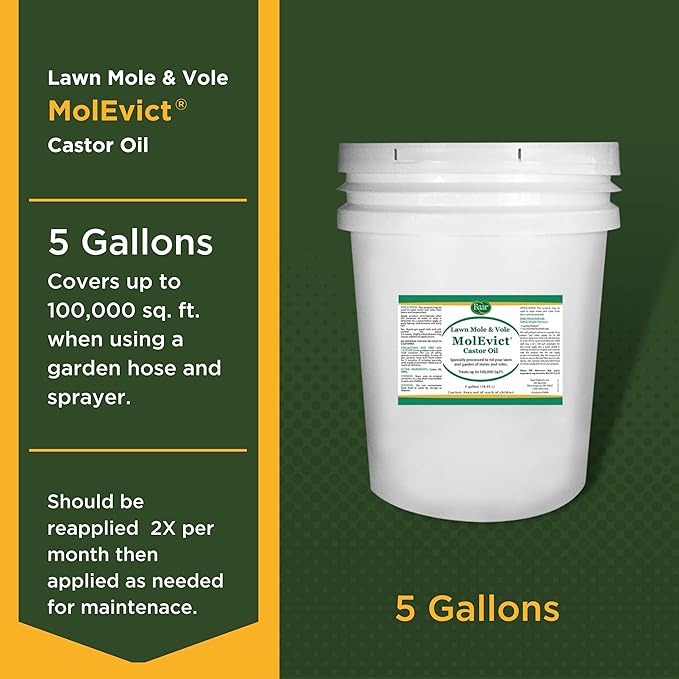 Baar Products - MolEvict Lawn Mole Castor Oil - Mole & Vole Repellent - Lawn & Garden Protection - Up to 100,000 Sq. Ft. of Coverage - Safe for Use Around House & Plants - 5 Gallons