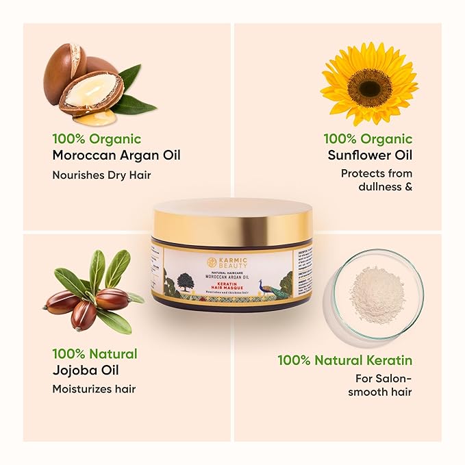100% Organic Moroccan Argan Oil & Natural Keratin Masque | For Dry, Damaged & Color Treated Hair | Cold Prerssed Oils for Deep Nourishment | Sulfates, Parabens & Cruelty Free | 3.4 oz