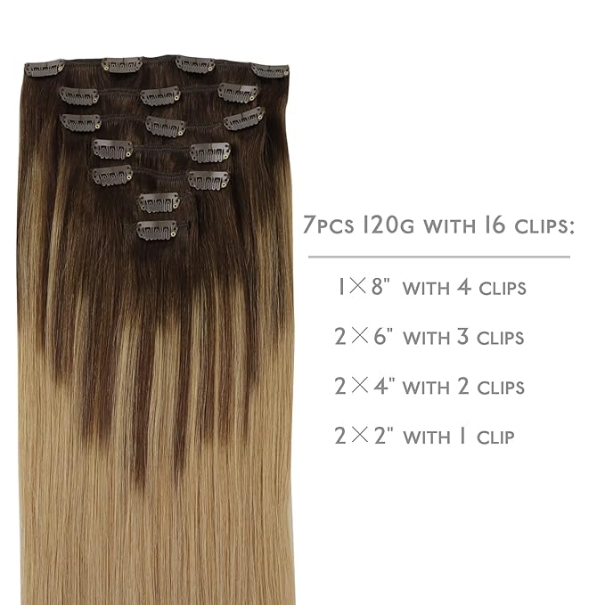 WENNALIFE Clip in Hair Extensions Real Human Hair, 20 Inch 120g 7pcs Balayage Chocolate Brown to Dirty Blonde Hair Extensions Clip In Human Hair Remy Clip in Hair Extensions Natural Human Hair