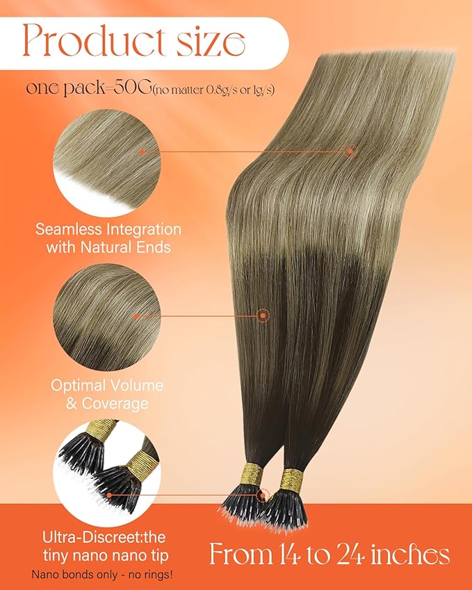 Sunny Hair Extensions Nano Bead Brown Balayage Nano Bead Hair Extensions Human Hair Brown Balayage Platinum Blonde Invisible Bead Extensions Human Hair Long 24inch 50g