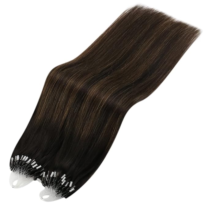 YoungSee Microbead Hair Extensions Brown Micro Loop Hair Extensions Real Human Hair Balayage 18 Inch Micro Ring Hair Extensions Dark Brown Ombre Bead Hair Extensions Silky Straight for Girls 50g 50s
