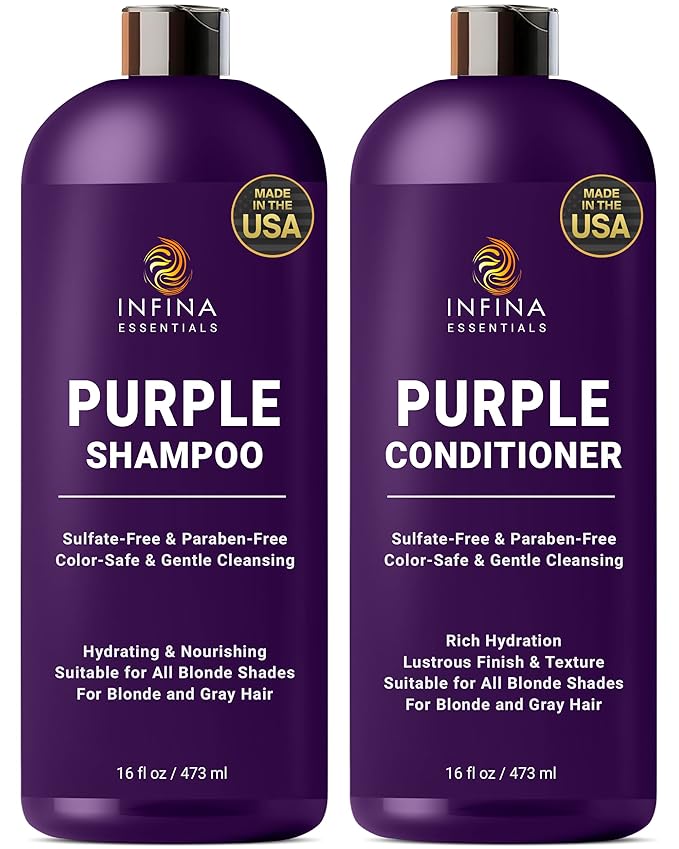 Purple Shampoo and Conditioner Set - Sulfate Free, Enriched with Coconut Oil & Aloe Vera, Ideal for Blonde, Gray, Brassy & Color Treated Hair, Nourishes & Hydrates - 16 fl oz each