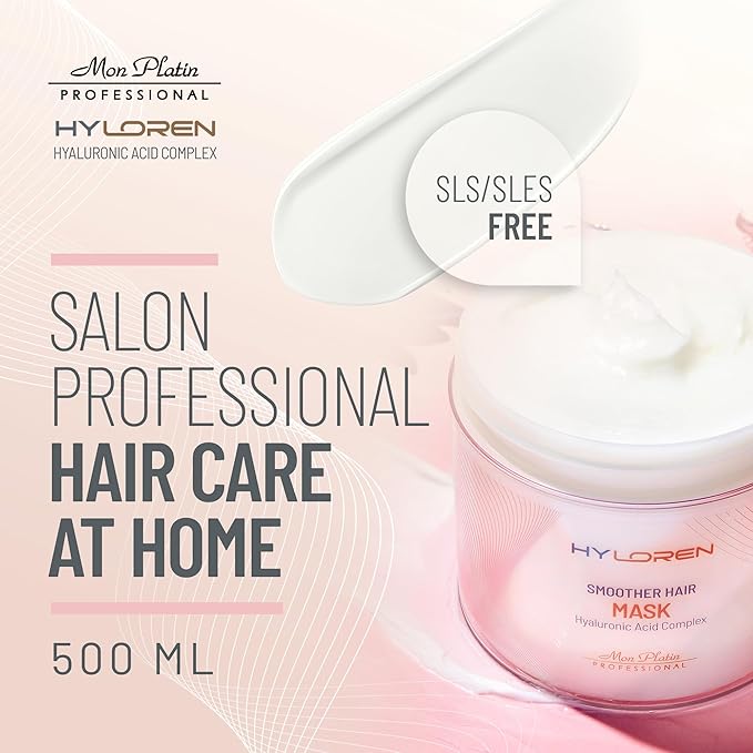 Mon Platin Professional Hair Mask for Damaged Hair & Straightened , 500ml - HY Loren Smoother with Hyaluronic Acid, Deep Conditioning Treatment, Anti-Frizz Conditioner