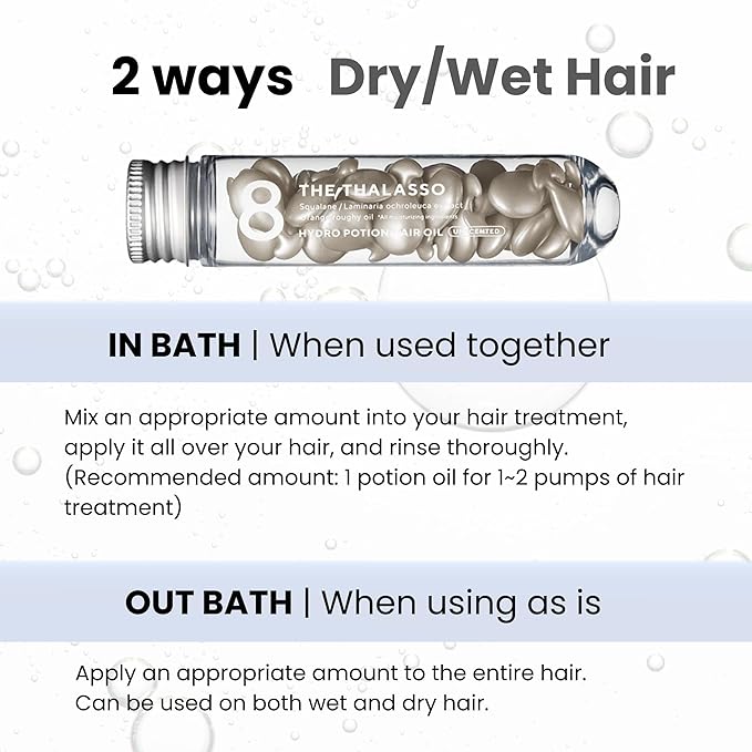 8 THE THALASSO Potion Hair Oil for Frizzy & Damaged Hair Women & Men, Keratin Hair Care for Repairing with Squalane & Deep Ocean Water, Sulfate & Paraben Free, UNSCENTED, 24 Capsules