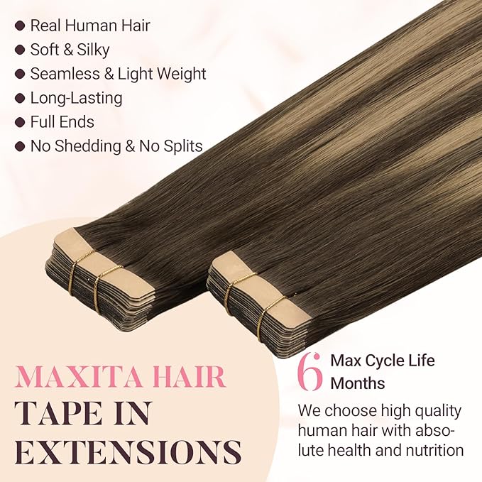 MAXITA Tape in Hair Extensions Human Hair, Balayage Chocolate Brown to Caramel Blonde, 16inch 50g 20pcs, Remy Silky Real Human Hair Extensions Thick Ends Straight Seamless Tape in Hair Extensions