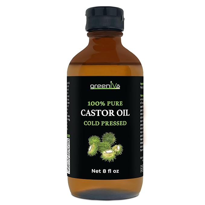 GreenIVe Castor Oil Organically Grown 100% Pure 8oz Glass Bottle Cold Pressed, Hexane Free, Eyelash and Eyebrow Growth Serum, Skin Moisturizer Detox and Wraps