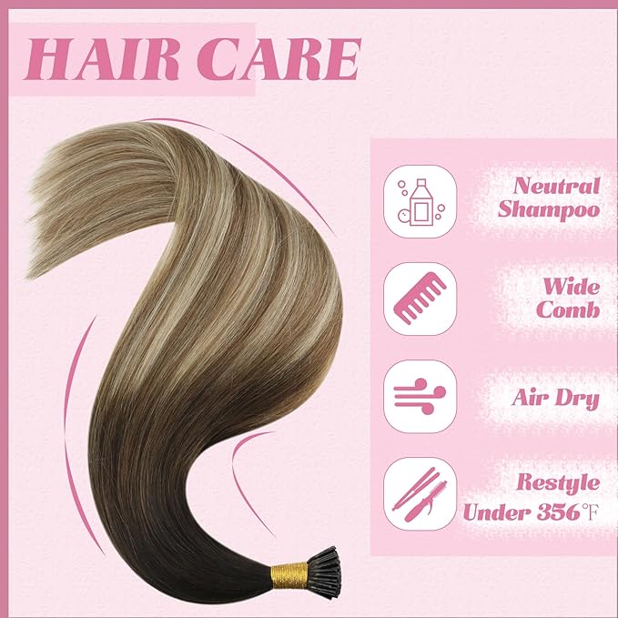 YoungSee Itip Human Hair Extensions Balayage I Tip Extensions Ombre Dark Brown to Medium Brown with Blonde Tip Hair Extensions Real Human Hair for Short Hair 14In Remy Hair Extension for Women 80s 50g