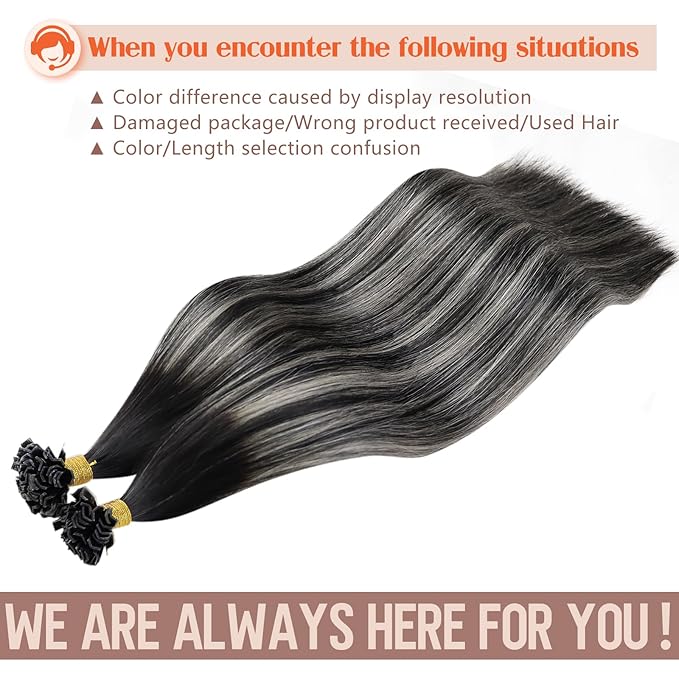 Sunny Hair K Tip Extensions Real Human Hair Ombre Black Ktip Hair Extensions Natural Black Roots to Silver Grey Balayage 22inch 50g