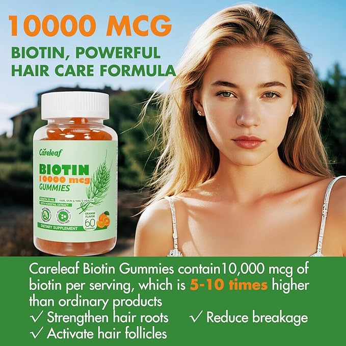 Biotin Gummies, Hair Growth Gummies with 10000 mcg Biotin/Collagen/Keratin, Hair Vitamins for Fuller Hair, Stronger Nails, Glowing Skin, Beauty Support for Women, 60 Count, Orange Flavor