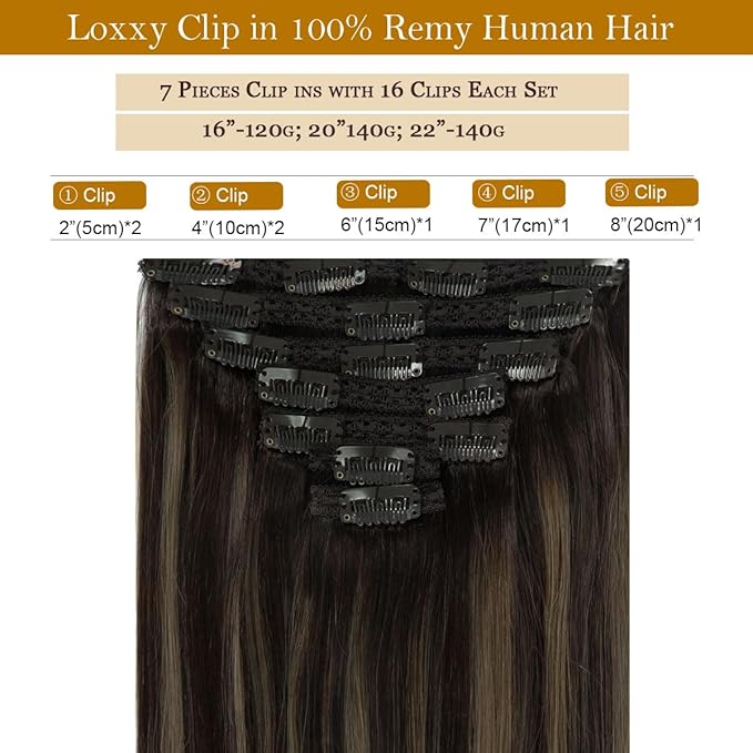 Loxxy Clip Hair Extensions for Women Human Hair Extensions Clip ins Black #1B Ombre Dark Brown #6 20inch Thick Natural Soft Human Clip in Hair Extensions 140g 7Pcs