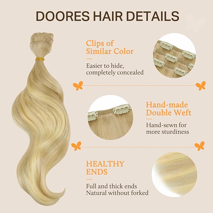DOORES Clip in Hair Extensions Human Hair, Dirty Blonde Mixed Platinum Blonde 150g 9pcs 20 Inch, Remy Hair Extensions Clip in Straight Thick