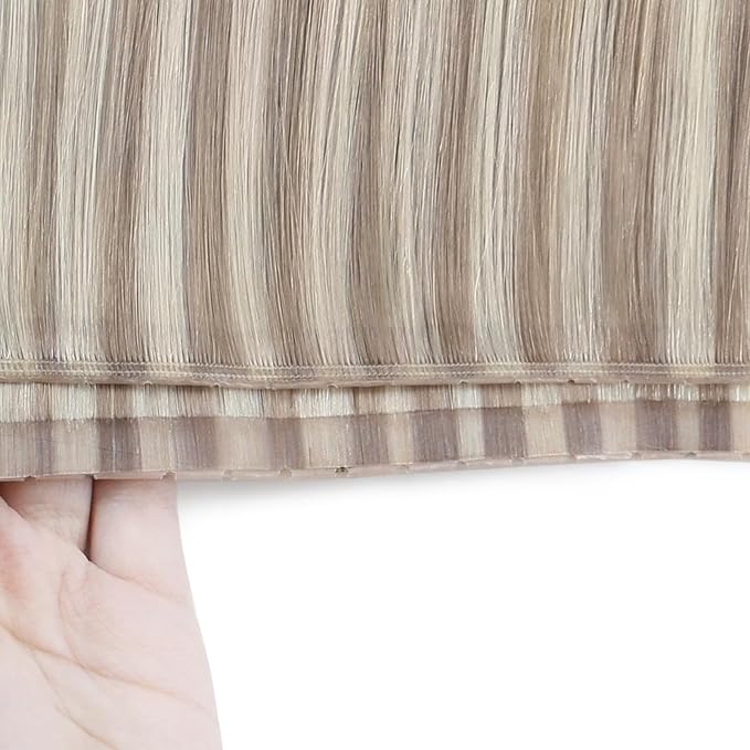 Full Shine Butterfly Weft Hair Extensions Human Hair 20 Inch Invisible Pu Hole Weft Extensions Color 18 Ash Blonde Highlight 613 Bleach Blonde Genius Weft With Hole 100 Grams