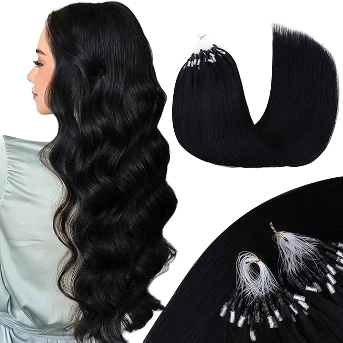 MAXITA Microlink Hair Extensions Human Hair, Jet Black Micro Bead Hair Extensions Virgin Human Hair, 50g/50 Strands/Pack, 14 In