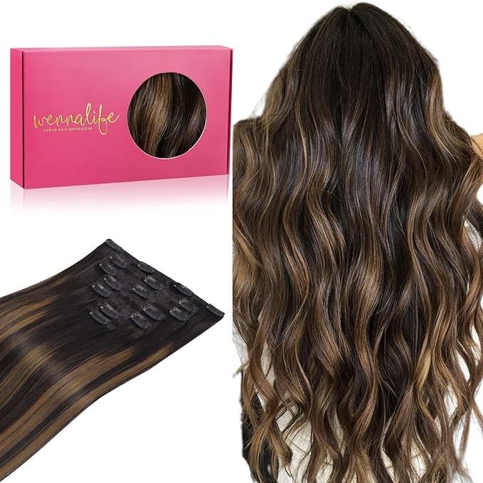 WENNALIFE Clip in Hair Extensions Real Human Hair, 22 Inch 160g 7pcs Remy Hair, Balayage Natural Black to Chestnut Brown Straight Clip Ins Natural Extensiones De Cabello Humano Con