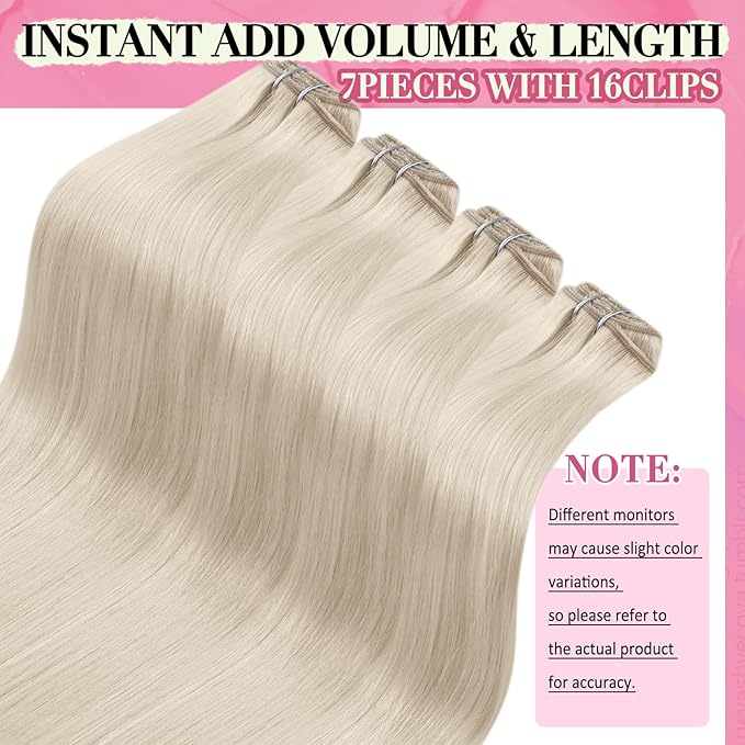 YoungSee 135G Clip in Hair Extensions Blonde Clip in Human Hair Extension Platinum Blonde Thick End Full Head Real Human Hair Extensions 7Pcs 16Inch