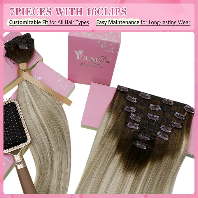 YoungSee Clip on Hair Extensions Ombre Hair Extensions Clip ins Dark Brown Ombre Golden Blonde Mix Platinum Blonde Balayage Soft and Silky Real Human Hair Extensions for Women 120G 20Inch 7Pcs