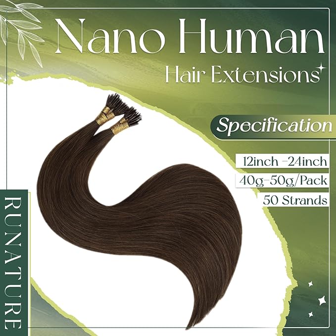 RUNATURE Nano Bead Hair Extensions Real Human Hair Brown Silky Straight 22 Inch 50 Gram 50s,Pre Bonded Nanobead Remy Hair