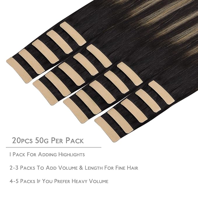 WENNALIFE Tape in Hair Extensions Human Hair, 20pcs 50g 16 inch Natural Black to Light Blonde Remy Hair Extensions Straight Human Hair Tape in Extensions Skin Weft Tape Extensions Human Hair
