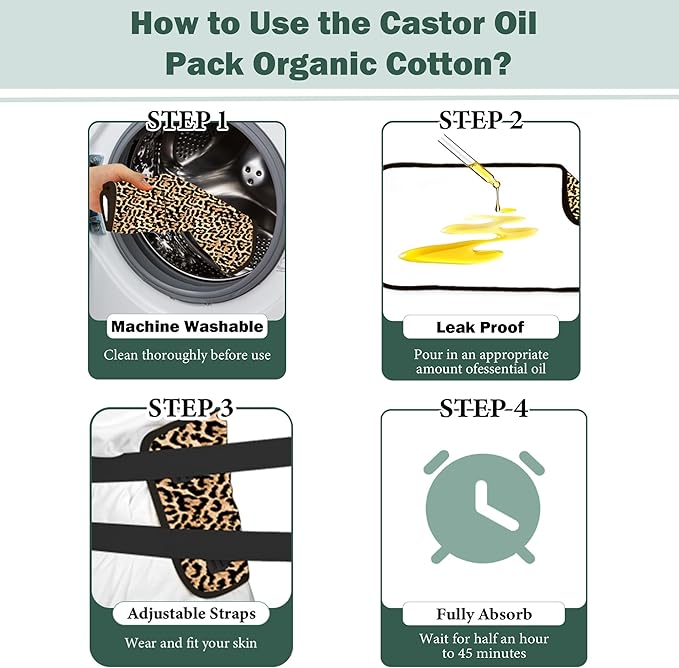 Castor Oil Pack Wrap for Stomach, Castor Oil Packs for Waist, Reusable Castor Oil Pack Kit Organic Cotton Adjustable Castor Oil Wrap Compress Pads for Entire Body, Machine Washable Anti Oil Leak
