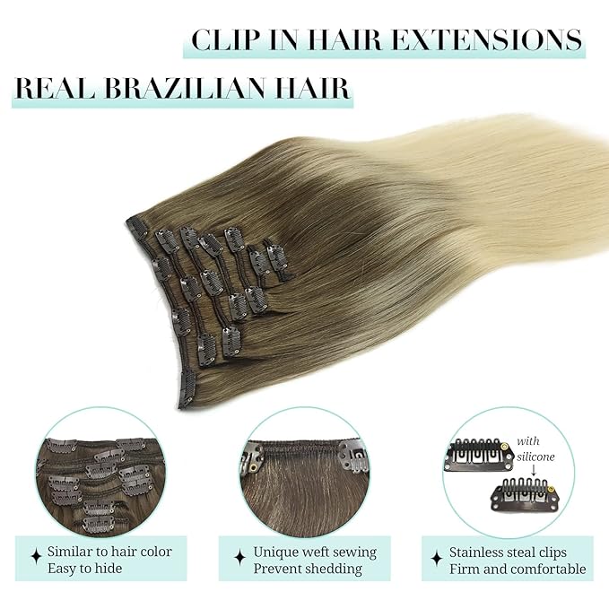 DOORES Hair Extensions Clip in Human Hair, Ash Brown to Platinum Blonde 12 Inch 7pcs 80g, Clip in Hair Extensions Real Human Hair Extensions Human Hair Natural Silky Straight Hair