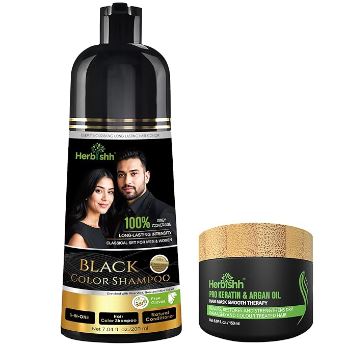 Herbishh Black Hair Dye Shampoo 200ml + Argan Hair Mask 150ml – Grey Coverage & Deep Repair Combo – Sulfate-Free & Paraben-Free