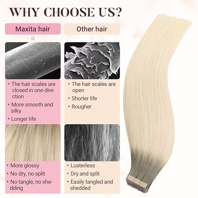MAXITA Tape in Hair Extensions Human Hair Light Ash Brown to Ash Blonde 20 Inch Straight Seamless Invisible Skin Weft Thick Soft Silky Human Hair Extensions Tape