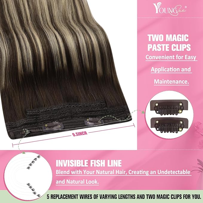 YoungSee Wire Hair Extensions Human Hair Balayage Brown Wire Extensions with Adjustable Clips Ombre Dark Brown with Ash Blonde Thickness Human Hair Extensions Blend Natural Looking 16Inch 80G