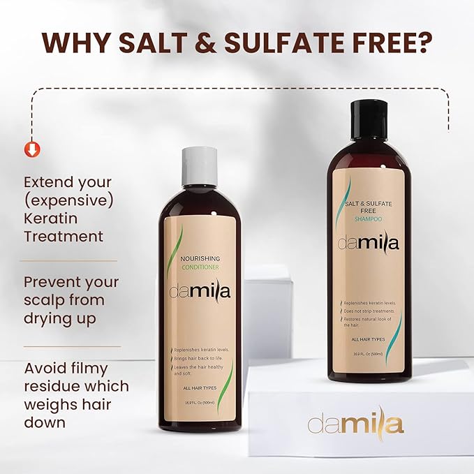 Damila Salt & Sulfate Free Shampoo & Conditioner for Keratin and Color Treated Hair - Professional Keratin Value Pack for Damaged, Frizzy, Curly, Dry & Thin Hair - Shampoo Sin Sal - 16.9 Fl Oz