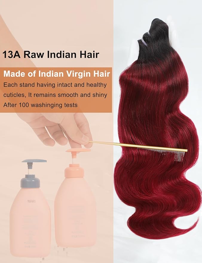 Ombre Bundles Human Hair, 13A Raw Indian Hair Bundles Body Wave, 24 Inch Colored 1B99J Burgundy Red Human Hair Bundles, Triple Service Life Keep Texture Silky Soft Tangle-Free