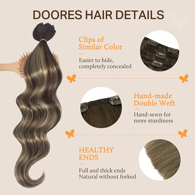 DOORES Human Hair Extensions Clip in, Balayage Chocolate Brown to Honey Blonde, 150g 9pcs 20 Inch, Remy Thick Hair Extensions