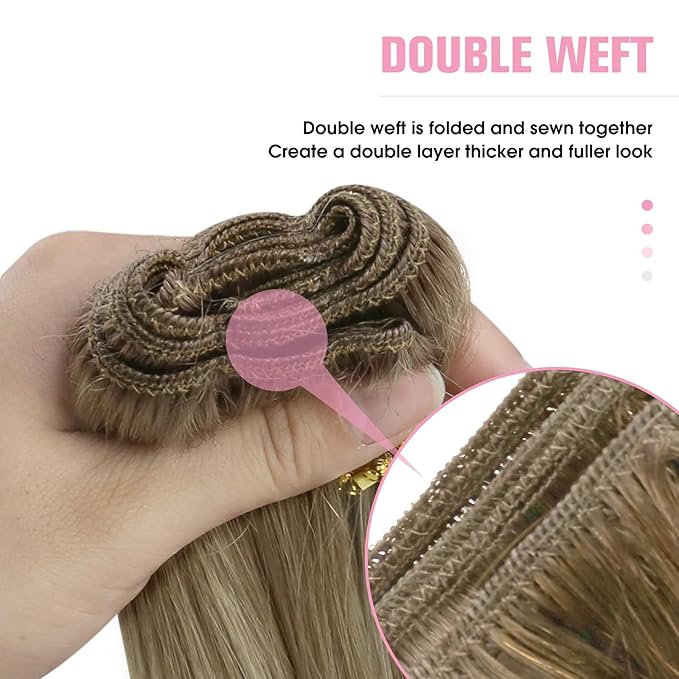 YoungSee Sew in Hair Extensions Balayage Brown Weft Hair Extensions Human Hair Medium Brown Fading to Brown Mix Platinum Soft Sew in Hair Extensions Real Human Hair Hair Loss Coverage 100G 16Inch