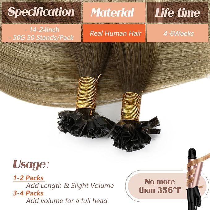 Sunny K Tip Hair Extensions Human Hair Light Brown Balayage Ash Brown with Highlight Ktip Human Hair Extensions Natural-Looking Keratin Tip Hair Extensions 14inch 50g