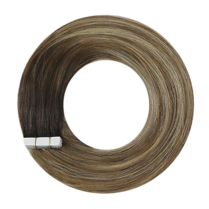 YoungSee Tape in Hair Extensions Human Hair Balayage Brown Hair Extensions Real Human Hair Tape in Dark Brown Ombre Medium Brown with Blonde Hair Tape in Extensions Remy Hair Extensions 14In 20pcs 50g