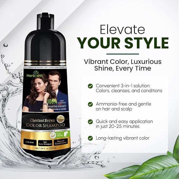 Herbishh Chestnut Brown Hair Dye Shampoo 200ml + Argan Oil 30ml – Grey Coverage & Frizz Control Combo – 3-in-1 Color, Cleanse & Repair