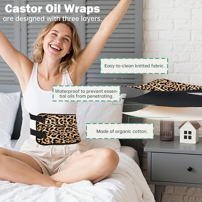 Castor Oil Pack Wrap for Stomach, Castor Oil Packs for Waist, Reusable Castor Oil Pack Kit Organic Cotton Adjustable Castor Oil Wrap Compress Pads for Entire Body, Machine Washable Anti Oil Leak