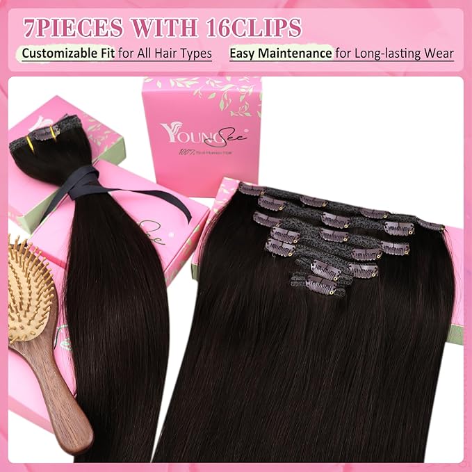YoungSee Clip in Human Hair Extensions Brown Clip in Extensions Real Human Hair Darkest Brown Human Hair Clip in Extensions Ease to Use 22Inch 7Pcs 120G