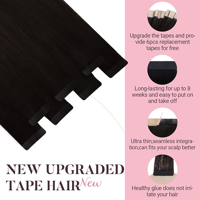 MAXITA Tape in Hair Extensions Real Human Hair, Seamless Tape in Hair Extensions Human Hair Remy Natural Long Straight Hair Real Human Hair Extensions for Women, 50g Tea Black 14 Inch 20pcs