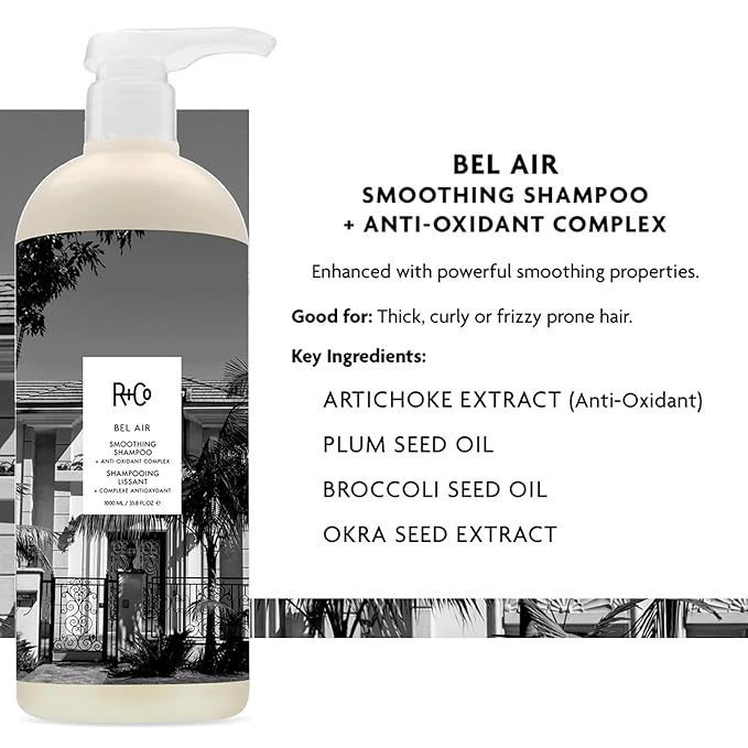 R+Co Bel Air Smoothing Shampoo and Conditioner Set 1L - Smoothing Shampoo + Conditioner Anti-Oxidant Complex | Vegan + Cruelty-Free | R+Co Bonus Deluxe Sample (.5 Oz)