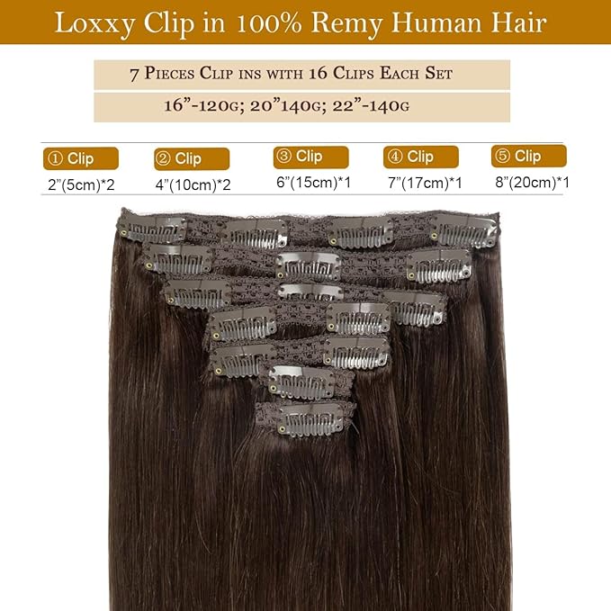 Loxxy Clip in Extensions Human Hair Dark Brown Hair Extensions 9A Grade Remy Human Hair Clip in Clip Hair Extensions Double Weft Color #2 18Inch 120g